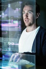 Poster - Focus, man and programmer with hologram, cyber security and futuristic with digital software, research and data analytics. Male person, employee and consultant typing, holographic and programming