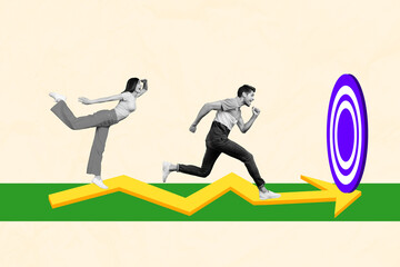 Aufkleber - Collage picture of two enthusiastic business competitors coworkers need achieve more salary bonus target isolated on beige color background