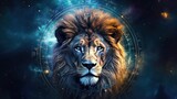 Fototapeta Dziecięca - Lion zodiac sign against space nebula background. Astrology calendar. Esoteric horoscope and fortune telling concept. Created with Generative AI