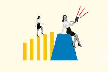Poster - Creative magazine collage image of purposeful lady achieving success working modern gadget isolated beige color background