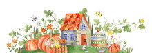 Cozy Rural House With A Tiled Roof, Orange Pumpkins And A Garden Watercolor Illustration. Hand Drawn Illustration For Cards, Scrapbooking, Decoupage.