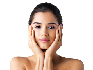 woman, portrait and hands on face for skincare or natural beauty isolated on a transparent png backg