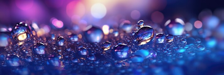 Wall Mural - blue background with bokeh lights, in the style of imaginative spacescapes, poured, dark violet and light beige, water drops, created with generative ai