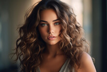 Beautiful Model Girl With Long Wavy And Shiny Hair. Brunette Woman With Curly Hairstyle. Generative AI