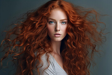 beautiful model girl with long red curly hair. red head. care and beauty hair products. generative a