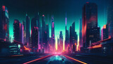 Fototapeta Perspektywa 3d - Beautiful neon night in a cyberpunk city. Illustration of the futuristic city skyscraper. Generative ai.