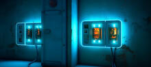Two Electric Boxes Next To A Blue Wall Light. Generative AI.