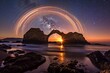 Sunset Rainbow Arch Over Beach Rock Formation - AI Generative