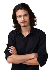 Portrait, confident and man with arms crossed for fashion on transparent, isolated and png background. Face, attitude and hippie male model with long hair, young or proud of rocker or punk aesthetic