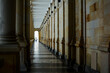 Long corridor between many columns in Mill Colonnade. Day shoot. It is a large colonnade containing several hot springs.