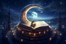 Illustration Of A Dreamy Fairytale Scene: Reading A Book Under The Crescent Moon, Generated Ai