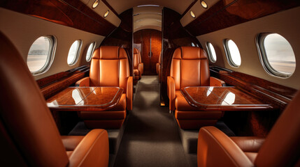 Luxurious red expensive leather interior, business class, first, in a private jet. generated ai.