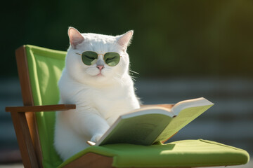 Wall Mural - Cute and smart white cat with eyeglasses sits and reads a morning book on a green nature background. Generative Ai