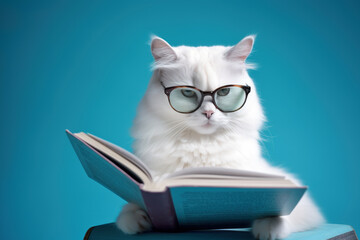 Wall Mural - Cute and smart white cat wearing eyeglasses sits reading a book on a colorful background. Generative Ai