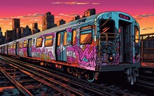 Subway Train Painted In Graffiti On The Tracks With New York City In Background At Sunset. Generative Ai Illustration