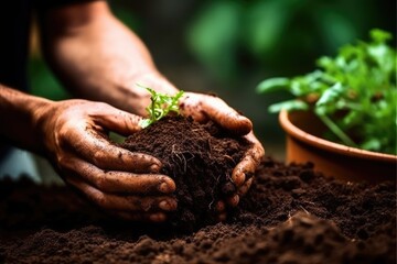 Hand of male holding soil in the hands for planting. Generative AI