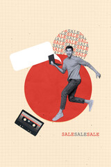 Poster - Artwork collage sketch image of funky happy hold netbook recommend device shop low prices gadget announce news information copyspace