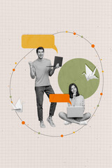 Aufkleber - Image artwork collage sketch picture template of funky crazy cheerful couple working together chatting texting online rejoice win victory