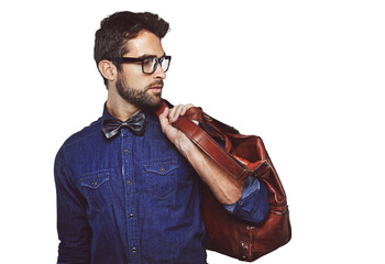 Poster - Isolated business man, luggage and travel for vision, thinking or retro fashion by transparent png background. Young businessman, model and idea for case, leather bag or vintage clothes for aesthetic