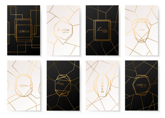 Gold collection with geometrical polyhedron art decoration style for wedding invitation. Luxury elegant templates, decorative patterns