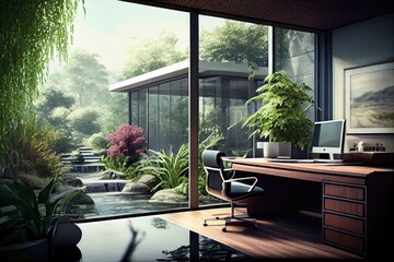 Wall Mural - office, with view of lush green garden and a fountain in the background, created with generative ai