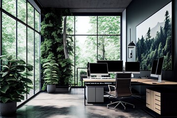 Poster - office with towering trees and lush green foliage on the walls, created with generative ai