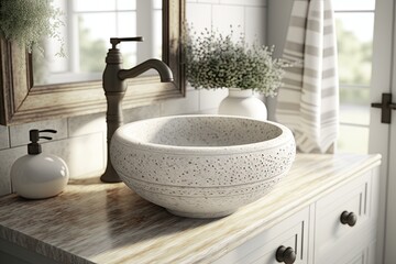 Sticker - round white wash basin with matching faucet and towel bar, set against neutral bathroom background, created with generative ai