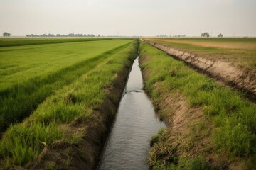 Sticker - farm field, with drainage canals and ditches carrying pesticides and fertilizer runoff, created with generative ai