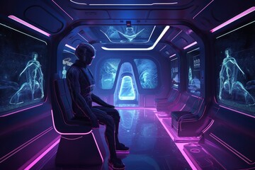 Poster - alien traveler, surrounded by futuristic cabin with ambient lighting, on their way to new destination, created with generative ai