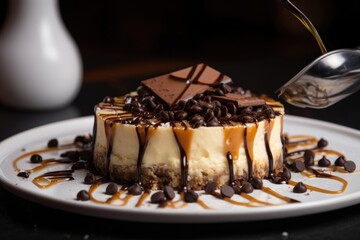 Canvas Print - beautiful presentation of cheesecake with drizzle of warm chocolate sauce and sprinkle of mini chocolate chips, created with generative ai