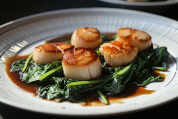 Poster - pan-seared scallops with bok choy and chinese black vinegar sauce, created with generative ai