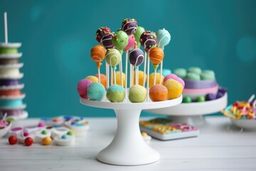 Wall Mural - cake pop display on cake stand, with various pops in different colors and shapes for a colorful and whimsical look, created with generative ai