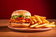 Fresh Tasty Chicken Burger And French Fries On Wooden Table On Background With Generative AI.