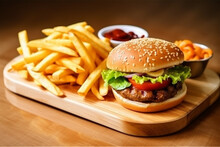 Burger And French Fries On Wooden Table On Background With Generative AI.