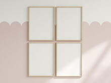 Four Vertical Frames On The Wall, Girl Room Interior Frame Mockup, Print Mockup, Baby Room Mockup, Kids Room Mockup, Nursery Interior Frame Mockup, Gallery Wall Mockup, Pink Wall Mockup, 3d Render