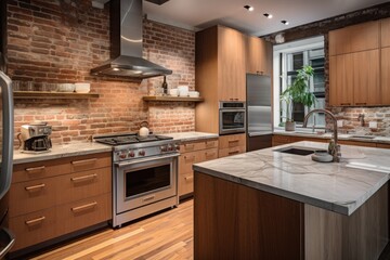 Canvas Print - eco-friendly kitchen with sleek appliances, natural stone counters, and recycled materials, created with generative ai