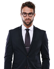 Poster - Fashion, serious portrait and business man isolated on a transparent png background. Glasses, corporate face and professional from Australia in stylish, trendy and classy outfit, suit or cool clothes