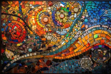 Wall Mural - abstract mosaic and stained glass artwork, with bursts of colorful shapes and lines, created with generative ai