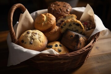 Sticker - an assortment of muffins and scones in a rustic wooden basket, created with generative ai