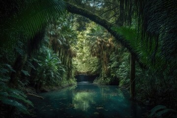 Sticker - swimming hole in the middle of a lush forest, with tall trees overhead, created with generative ai