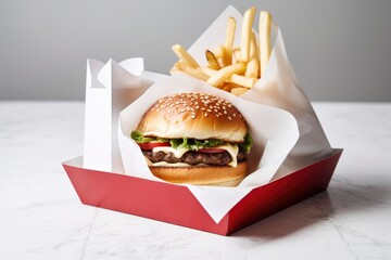 Wall Mural - classic burger, bun, and fries in simple white box with red checkmark, created with generative ai