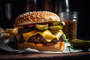 Sticker - close-up of juicy burger, with sizzling patty, pickles and cheese, created with generative ai