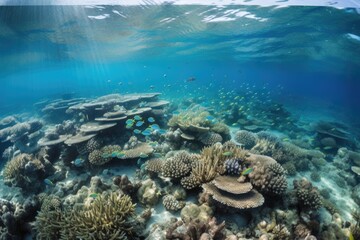 Wall Mural - coral reef with schools of fish swimming in their natural habitat, created with generative ai