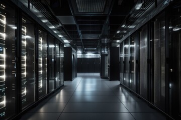 Poster - data center with floor-to-ceiling server racks, each populated with blinking lights, created with generative ai