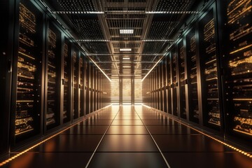 Canvas Print - data center with rows of servers, blinking lights and humming fans, created with generative ai