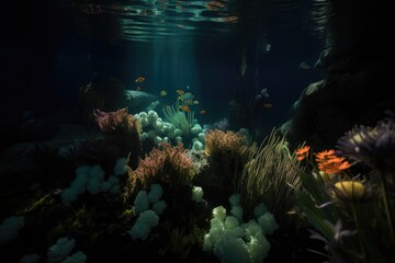 Sticker - school of fish swimming in an underwater garden of bioluminescent plants and flowers, created with generative ai