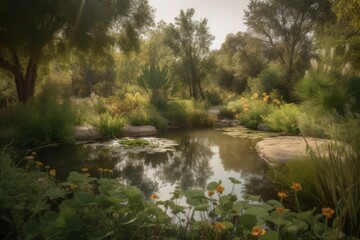 Canvas Print - serene pond surrounded by tall native plants, a perfect oasis for wildlife, created with generative ai