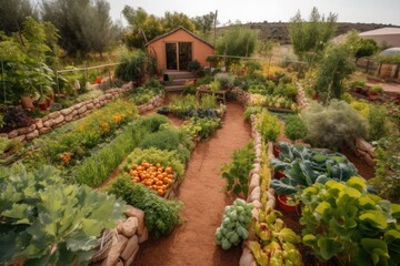 Poster - edible garden with variety of fruits and vegetables, surrounded by natural landscape, created with generative ai