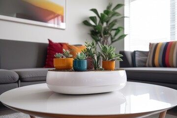 Poster - a colorful plant arrangement in a modern vase on a sleek and minimalist coffee table, created with generative ai