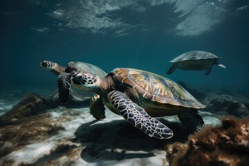 Poster - sea turtle swimming underwater, showing off its natural grace, created with generative ai